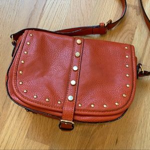Neiman Marcus crossbody studded leather bag orange red magnetic closure adjust